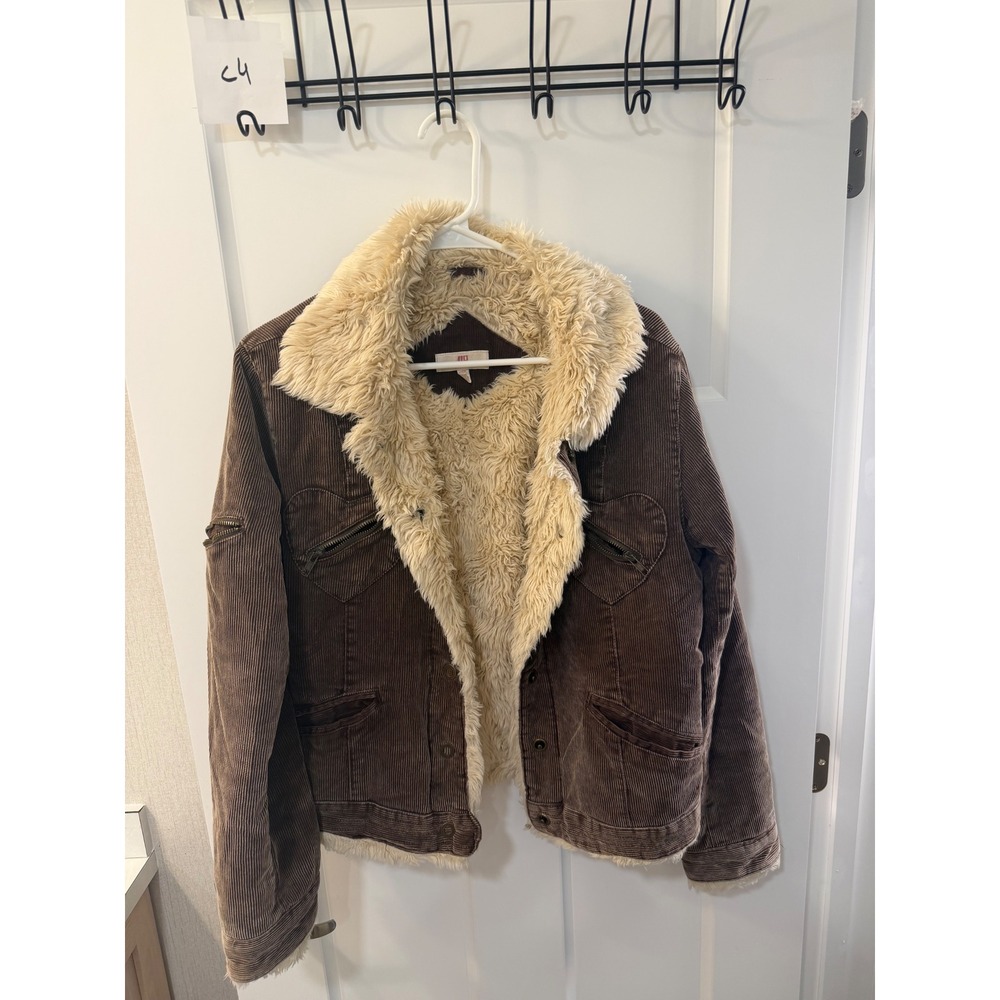 JLO by Jennifer Lopez Brown Corduroy Faux Fur Lined Heart Pocket Jacket Womens L